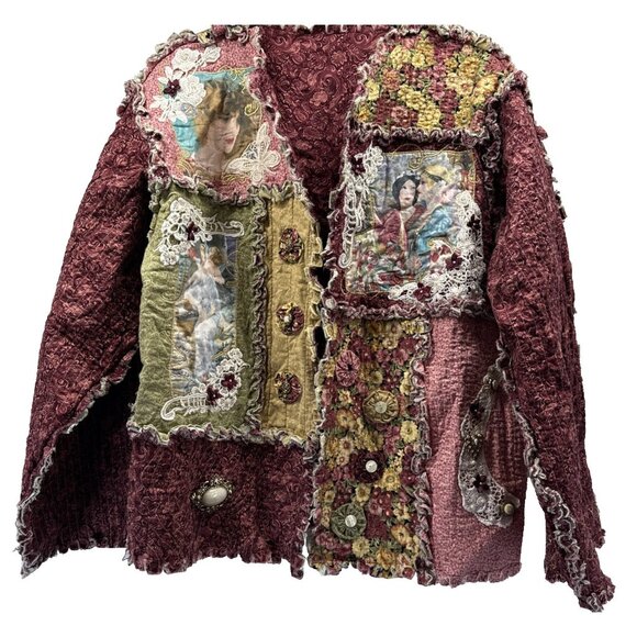 Quilted Womens Coat Handmade Patchwork Jacket L Eclectic Granny Boho Open Ruffle - Picture 1 of 16